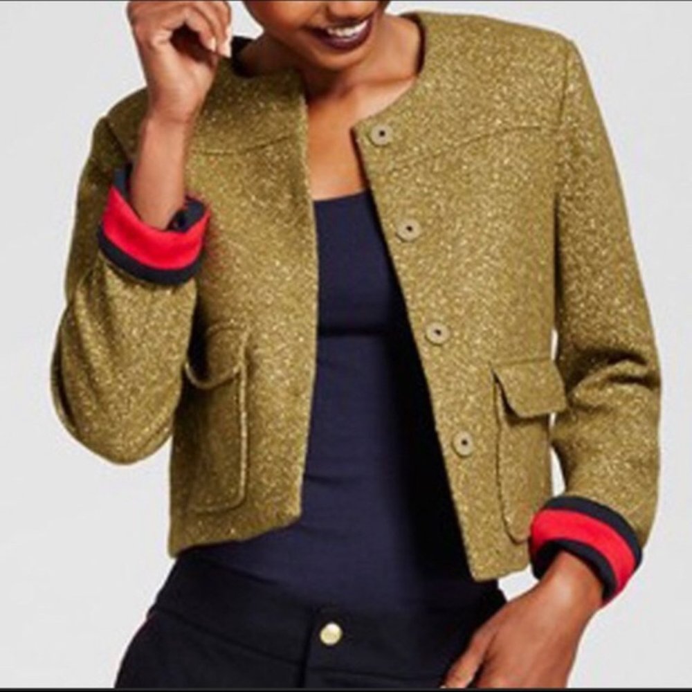 a new day Olive Green Tweed Cropped Blazer with Red & Black Cuff Detail